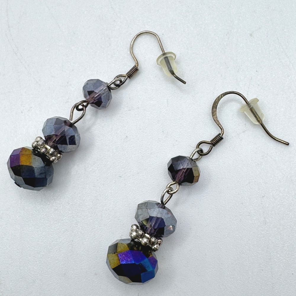 Purple Iridescent Faceted Glass Bead Triple Drop Dangle Earrings Silver Tone